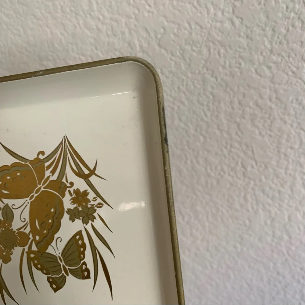 Vintage Otagiri Japan Butterflies Floral Lacquerware Mini Tray Decor Gold Ivory